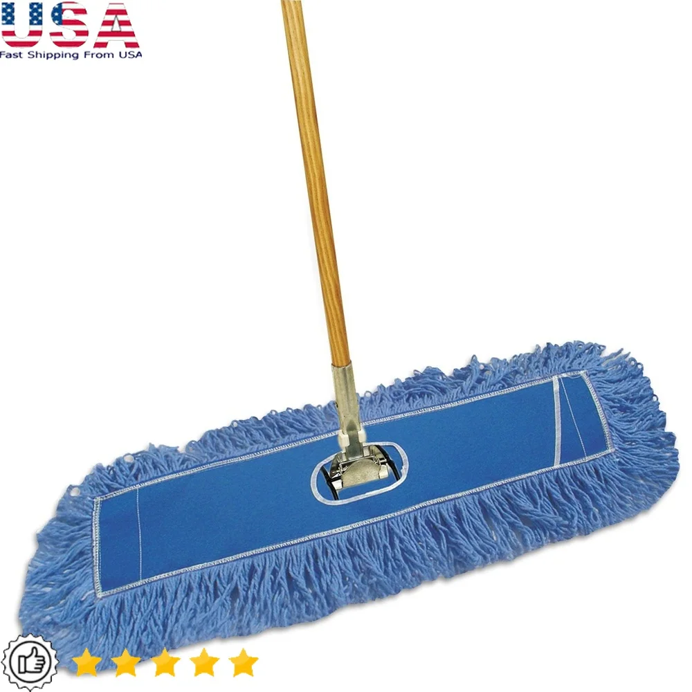 

Dry Mopping Kit 60 Inch Natural Wood Metal Handle 24 x 5 Blue Synthetic Looped End Dust Mop Easy Assembly Durable Dusting