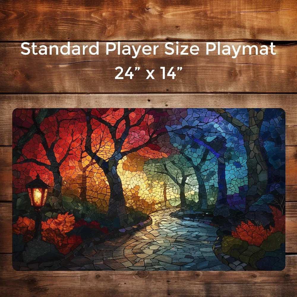 TCG Playmat Stained Glass Mosaic Autumn Forest Path Lantern Cathedral Art Premium Rubber Large Desk Mat Aesthetic Decor Gift