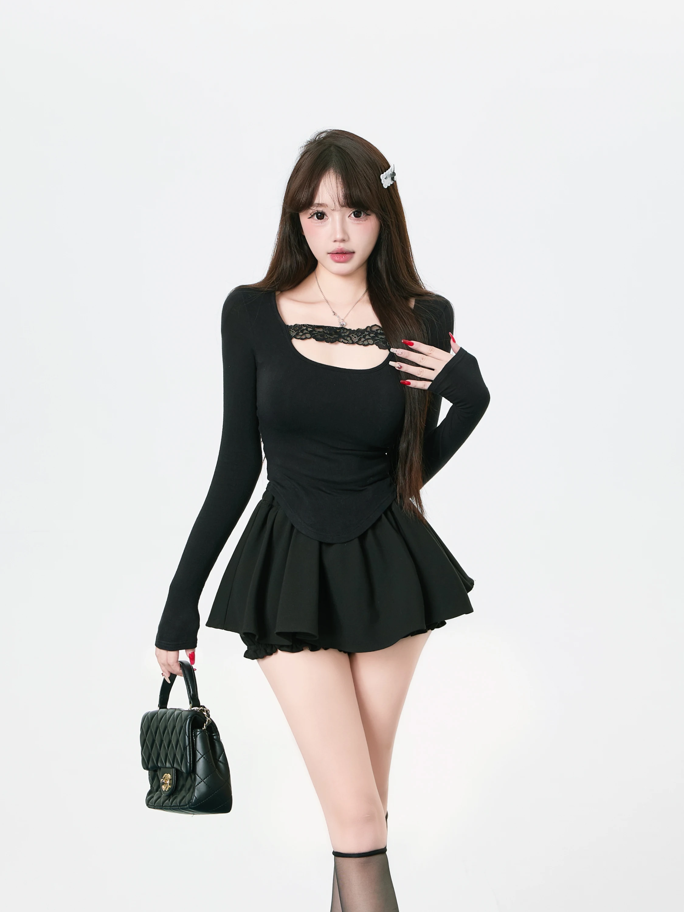 

Pure Desire Sexy Bla Кружевной круглый вязаный свитер женский осенне-зимний длинный светящийся базовый свитер милый Sle ort Length