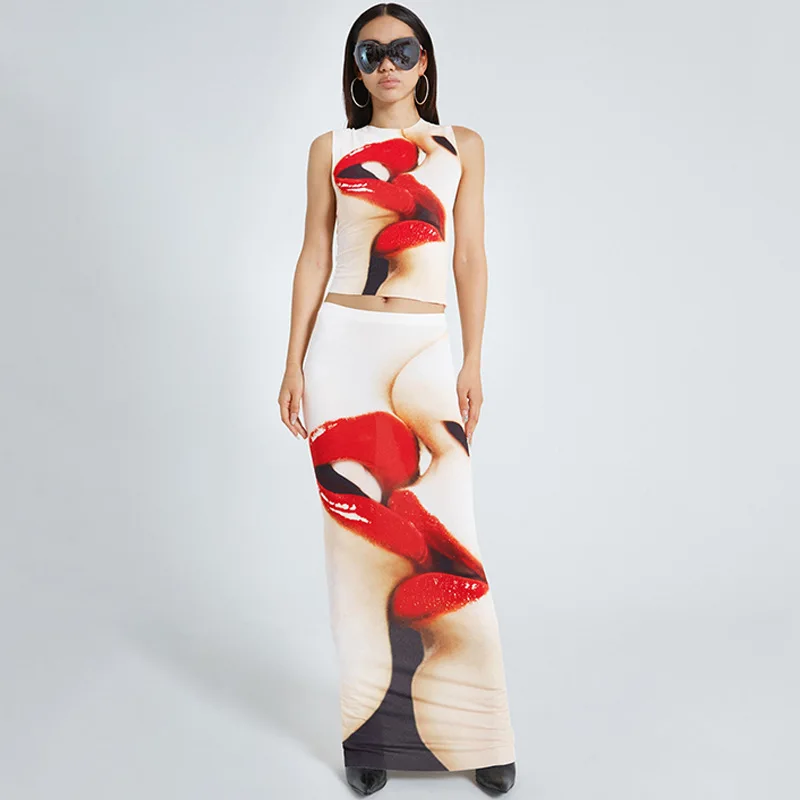 

Funny Sexy Graphic Print Sleeveless Patchwork Slim Crop Tank Top Maxi Dress 2 Pcs Set Summer Women Outfit Y2k Vacation Party new
