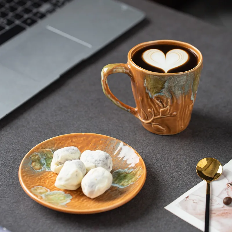 Retro Shaped Ceramic Coffee Mug Plate High Appearance Cup Kiln Turned Afternoon Tea Water Cup
