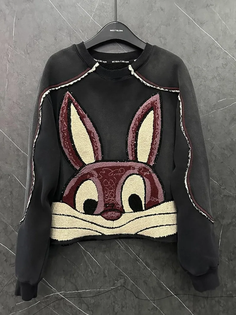 2024 Autumn Winter New Heavy Industry Flocking Cartoon Embroidery Fleece Crew Neck Sweatshirt Women\'s Loose Casual Style Hoodies