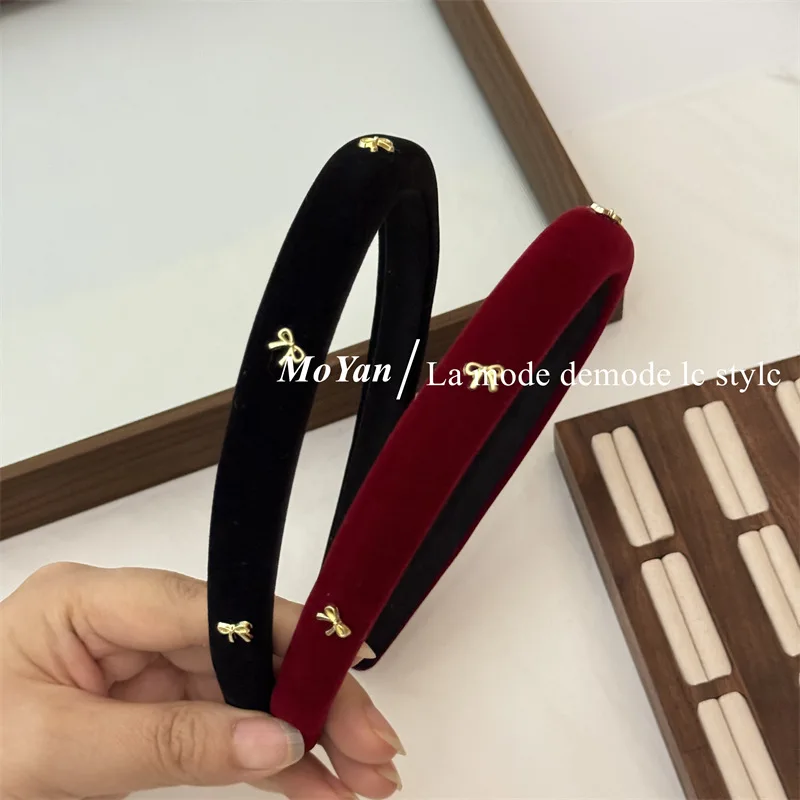 Korean metal small bow velvet headband simple and versatile going out to press hair hairhoop temperament red headband