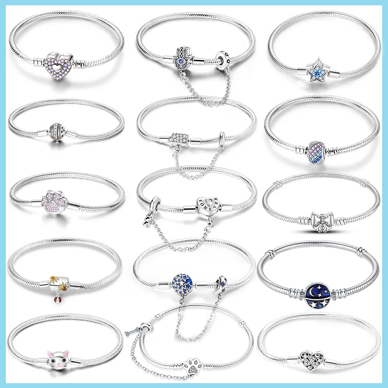 الأصلي 925 فضة ثعبان سلسلة ، القلب ، القط مخلب ، نجمة ، القمر أساور ، يناسب الأصلي عموم السحر ، الخرز الموضة ، DIY بها بنفسك صنع المجوهرات ، هدية