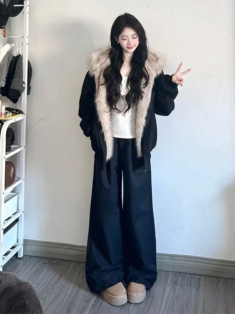 2025 Winter Korean Style Cat Ear Beige Furry Hooded Coat for Women Thickened and Lined Black Loose Casual Jacket
