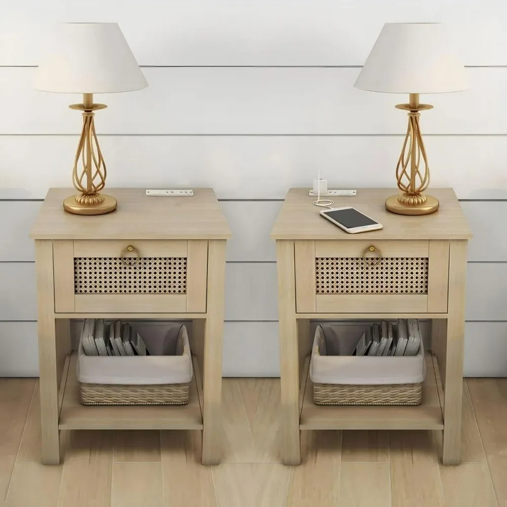 

Nightstand Set of 2, Rattan Night Stand with Charging Station, Bedside Table with Drawer, Boho Bed Side Table End