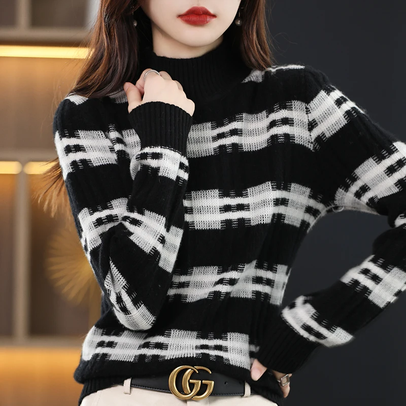 

2025 Half Turtleneck Women Sweater 100% Pure Wool Knitted Pullover Color Block Plaid Pattern Warm Autumn Winter Women's Top