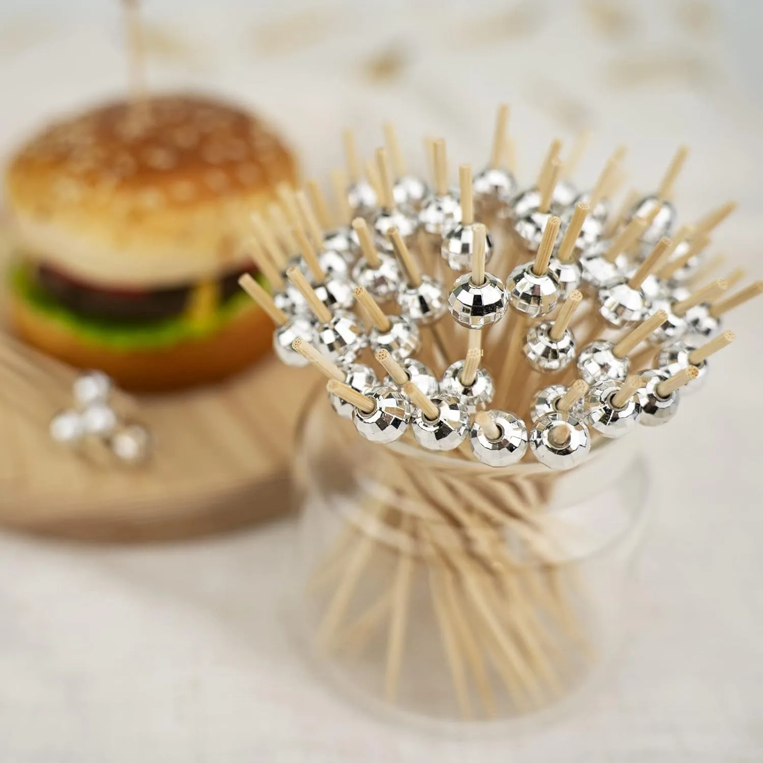 100 Pcs Cocktail Picks, Disco Ball Decorative Toothpicks for Appetizers, Silver Cocktail Skewers for Appetizers, Wooden