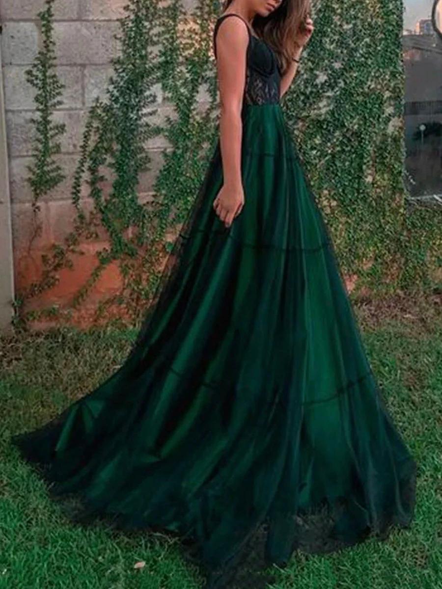 Abito da ballo a trapezio con scollo a cuore in tulle verde con applicazioni di pizzo e fionda da principessa, lunghezza del pavimento, abiti da strascico per le donne 2025