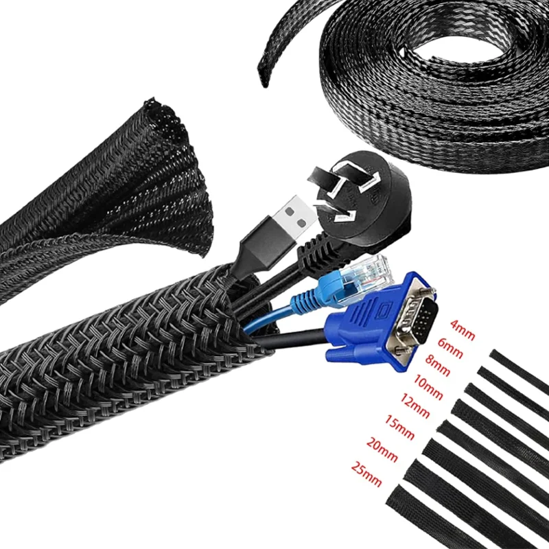 1/5/10/50/M Black Insulated Braid Sleeving 2/4/6/8/10/12/15/20/25mm Tight PET Wire Cable High Density Protection Cable Sleeves