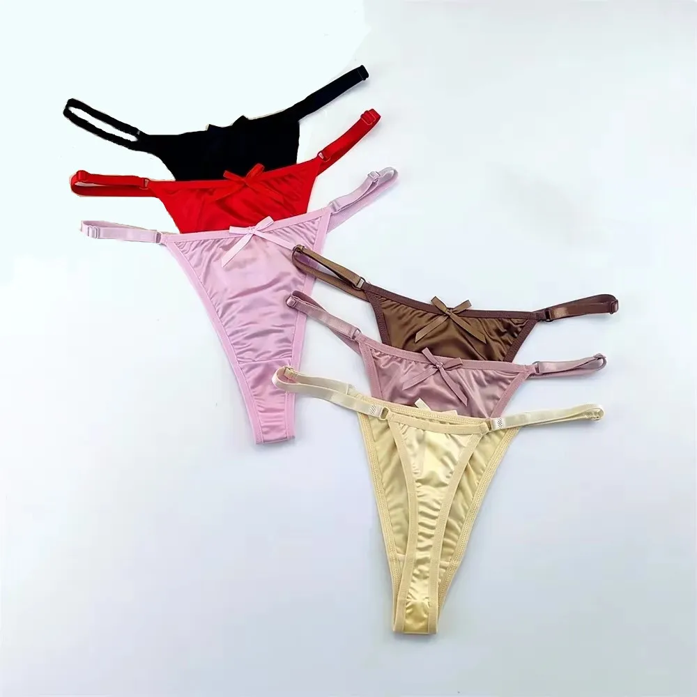3 pezzi perizoma in raso regolabile donna sexy perizoma intimo vita bassa T posteriore glutei color pesca allettante lingerie sexy con fiocco