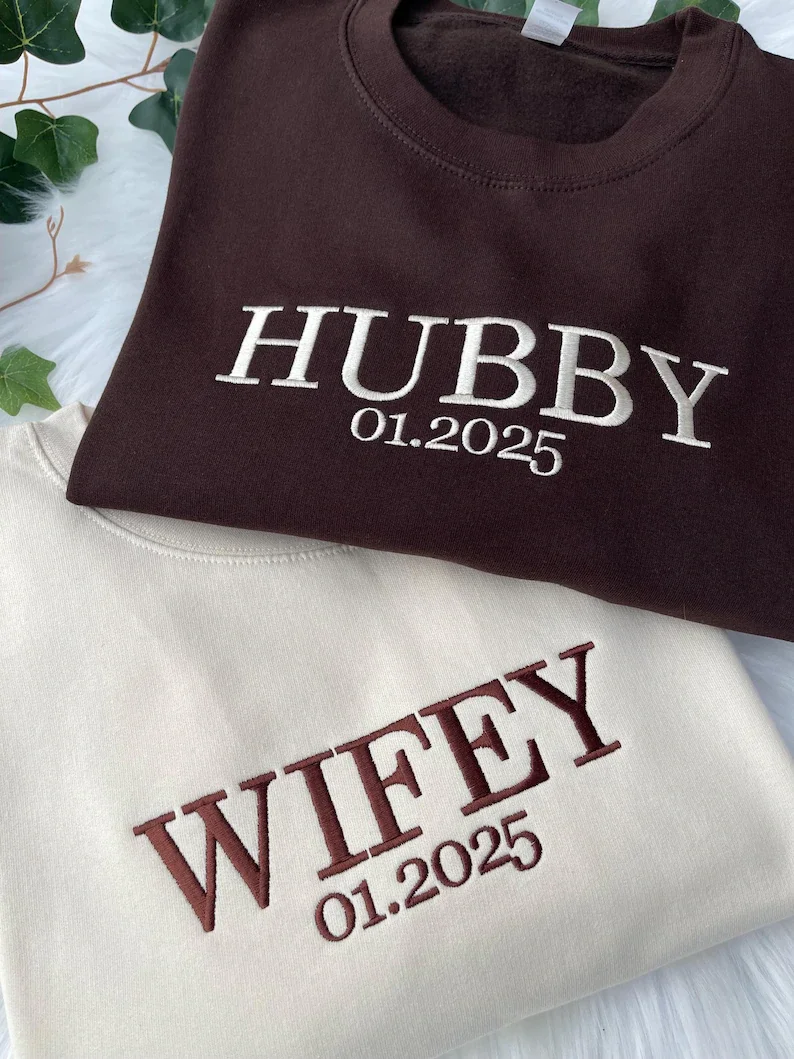 Custom Wifey and Hubby Embroidered Valentine Sweatshirt Matching Couples Jumper Mrs and Mrs Girlfriend Gift Unisex Wedding Gift