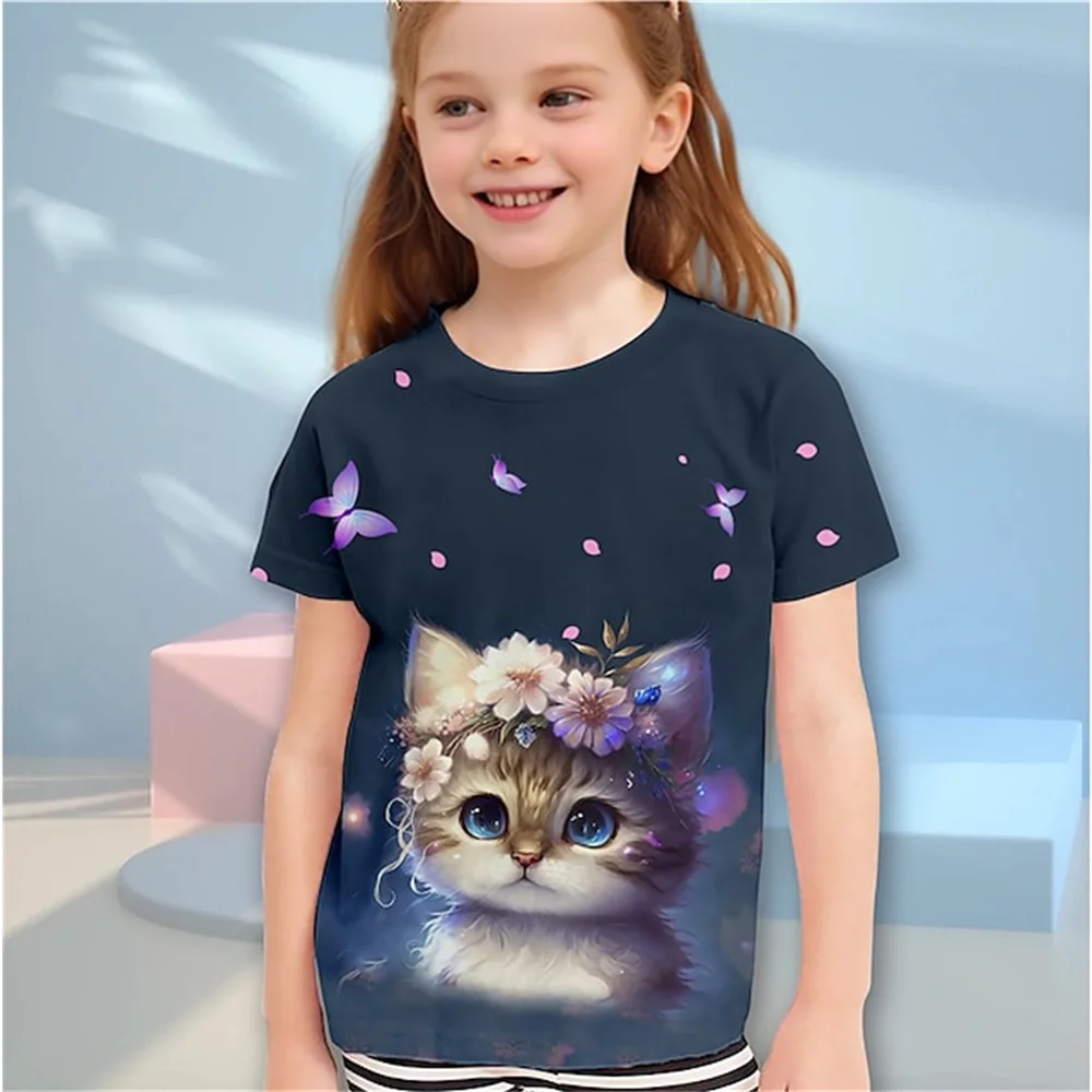 Cat Short Sleeve Horse Child Tshirt Summer Kawaii Kid T-Shirt For Children Tops Fashion Tee Girls Clothes From 4 To 14 Years Old