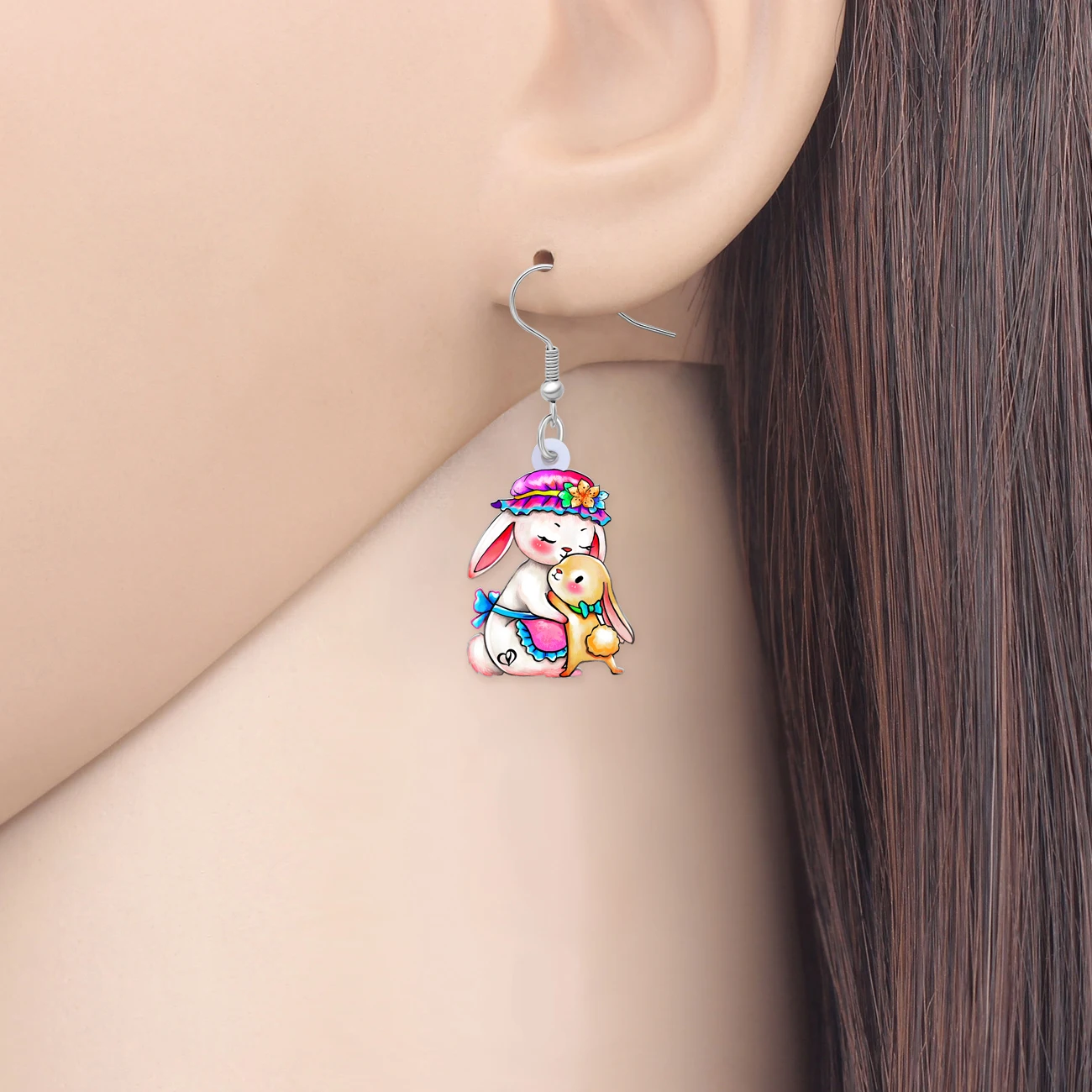 Bonsny Acrylic Mothers Day Jewelry Mum Baby Rabbit Earrings Cute Animals Dangle Drop Charms For Women Girls Gift Fashion Jewelry