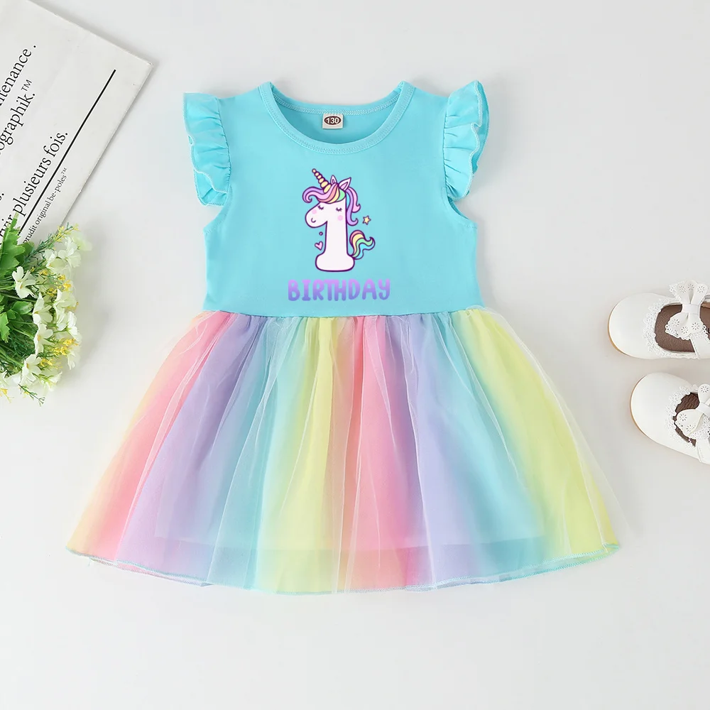 Baby Girls Birthday Clothes Unicorn Print 1 2 3 4 Dresses Girls Birthday Party Outfits Short Sleeve Tutu Dresses Baby Present