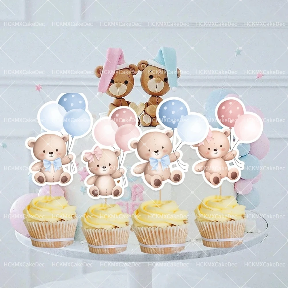12er/24er-Set Teddybär-Cupcake-Topper, blau-rosa Ballonbär-Kuchenaufsätze für Babyparty, Geschlechtsoffenbarung, Geburtstagsfeier-Dekoration – Detail 2