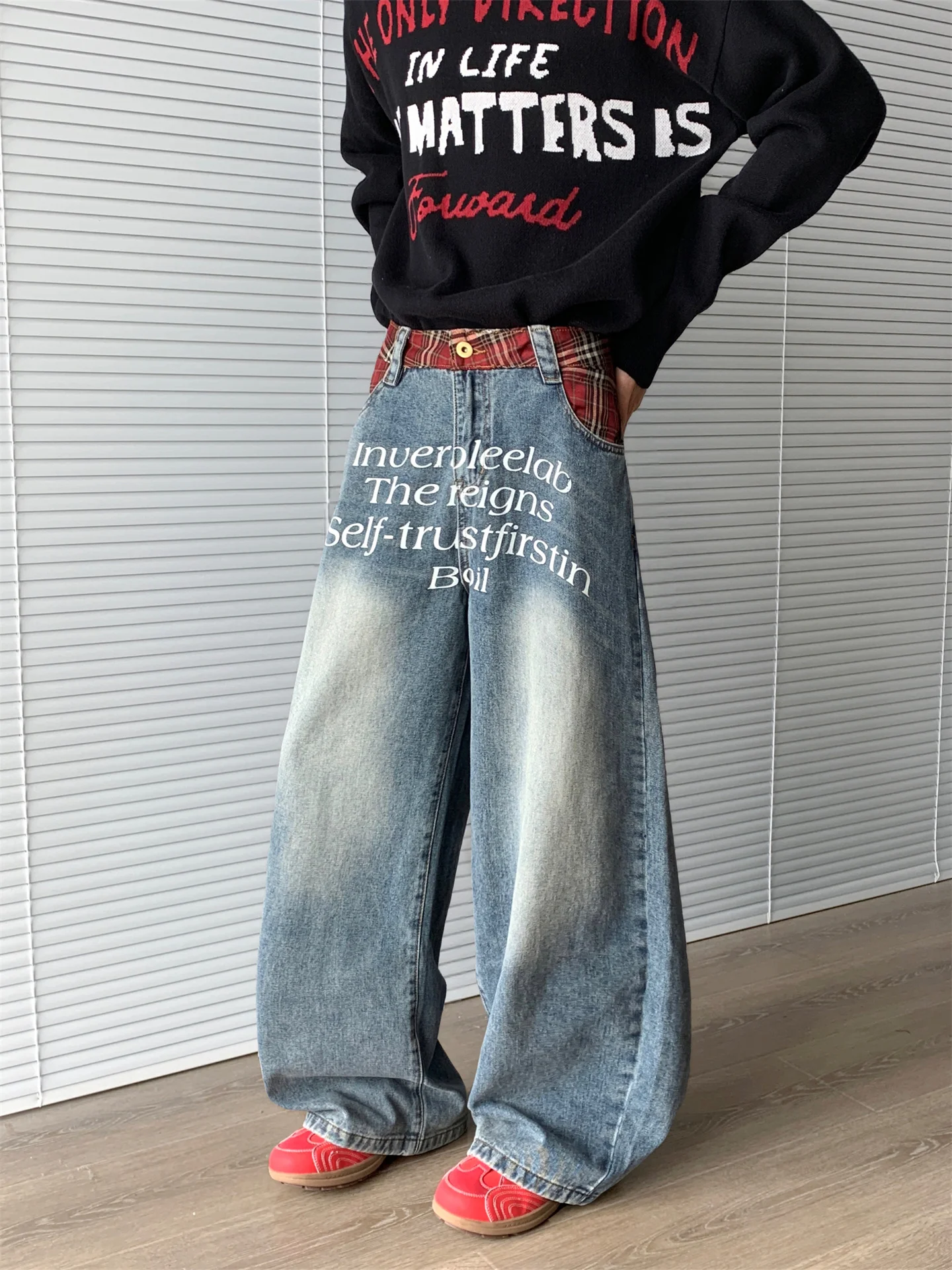 

Cleanfit Men's Retro Streetwear Jeans American Sle Design Plaid Patchwork Waed Straight Leg Floor-Length Casual Trousers
