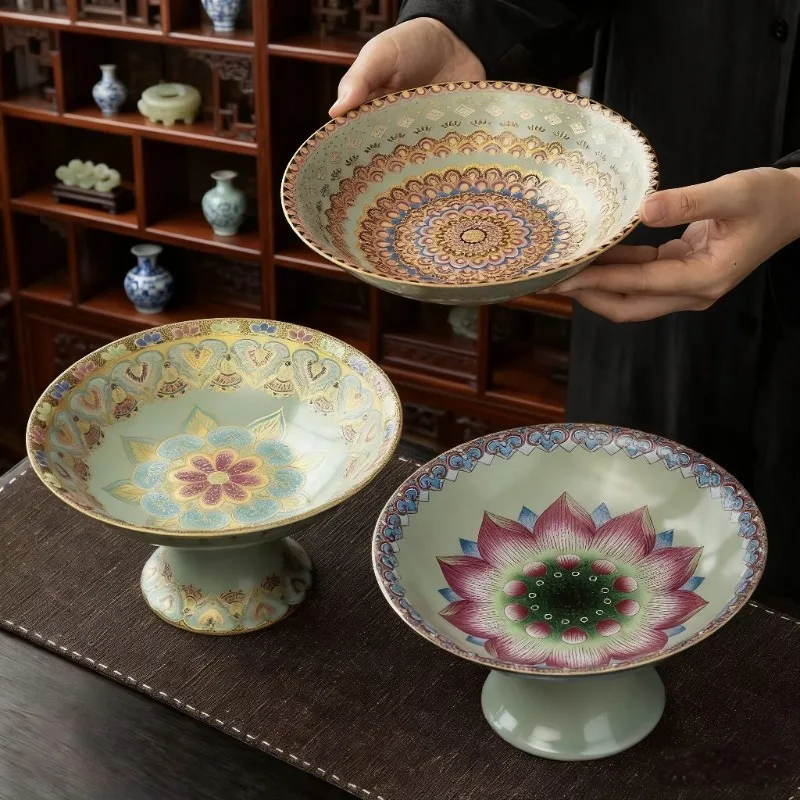 Chinese ceramic lotus high-footed plate, pastry plate, snack fruit plate, high-end exquisite and high-value