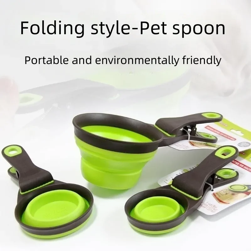 Folding Silicone Dog Bowl Feeder Portable Pet Food Container Measuring Cup Spoon Multifunctional Dogs Cats Feed Storage Clip