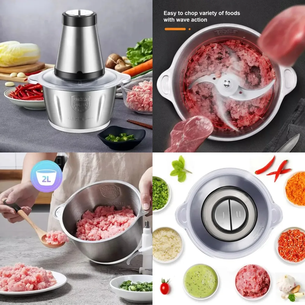 

High-powered Stainless Steel Meat Grinder with 500W Motor, 2L Capacity, 2 Speeds, Chopper, Mincer, Food Processor, Slicer - Effi