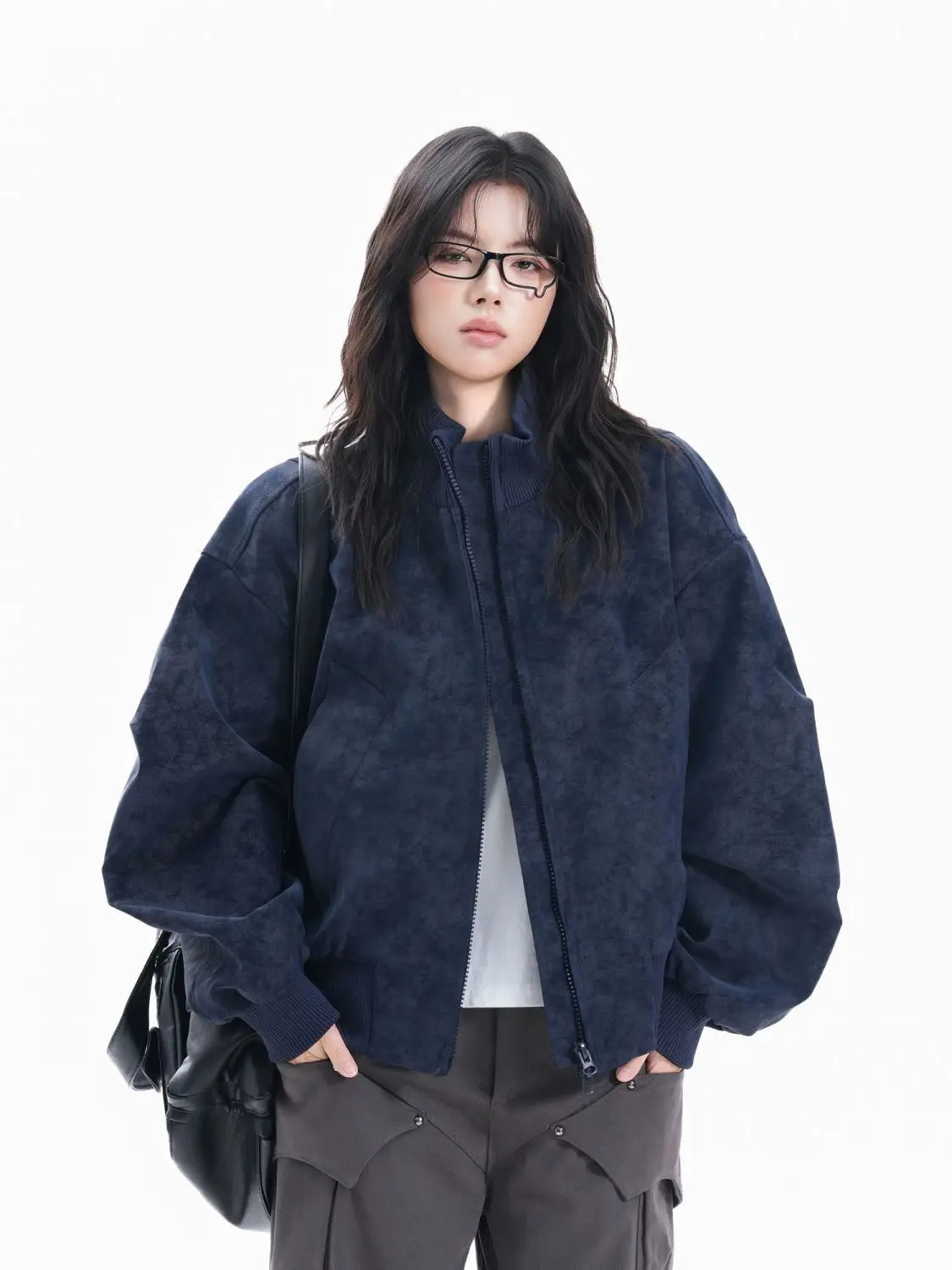 

Same Style Niche American Street Design Leather Stand Collar Flight Jacket