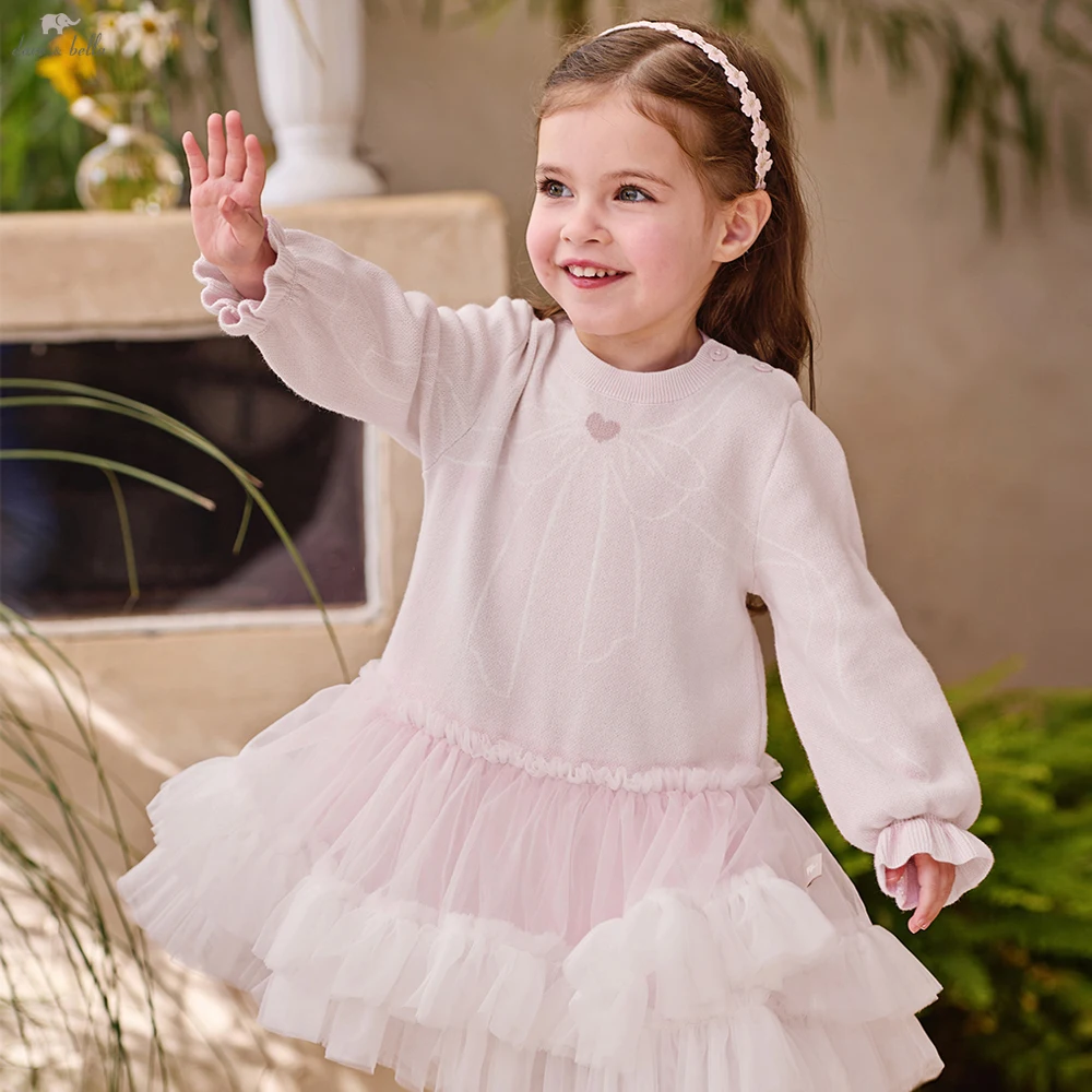 Dave Bella Autumn Spring Sweater Mesh Dress Girls Long Sleeves Party Princess Dress Children's Birthday Clothes DB1260665 ﻿