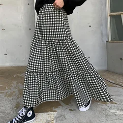 Gingham Maxi Skirt Women Black & White Plaid Elastic Waist A-line Tiered Pleated Long Skirt Summer Spring  Ladies falds