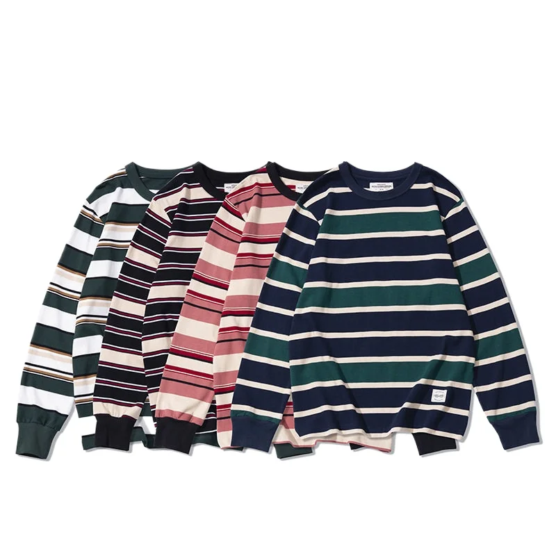 

Japanese-style Vintage Heavyweight Round-neck Men's T-shirt Nautical Style Striped Long-sleeved T