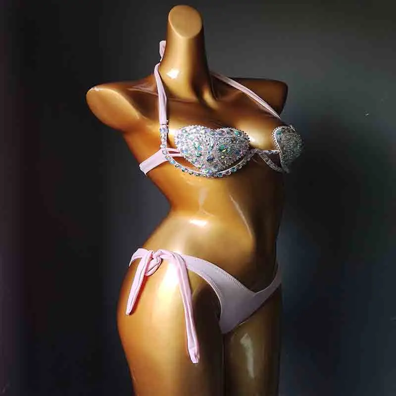 Rhinestone Full Diamond Triangle Bikini Set Chain Harness Metal Ring High Cut Thong Bottom Luxury Sparkly 2 Piece  Bathing Suit