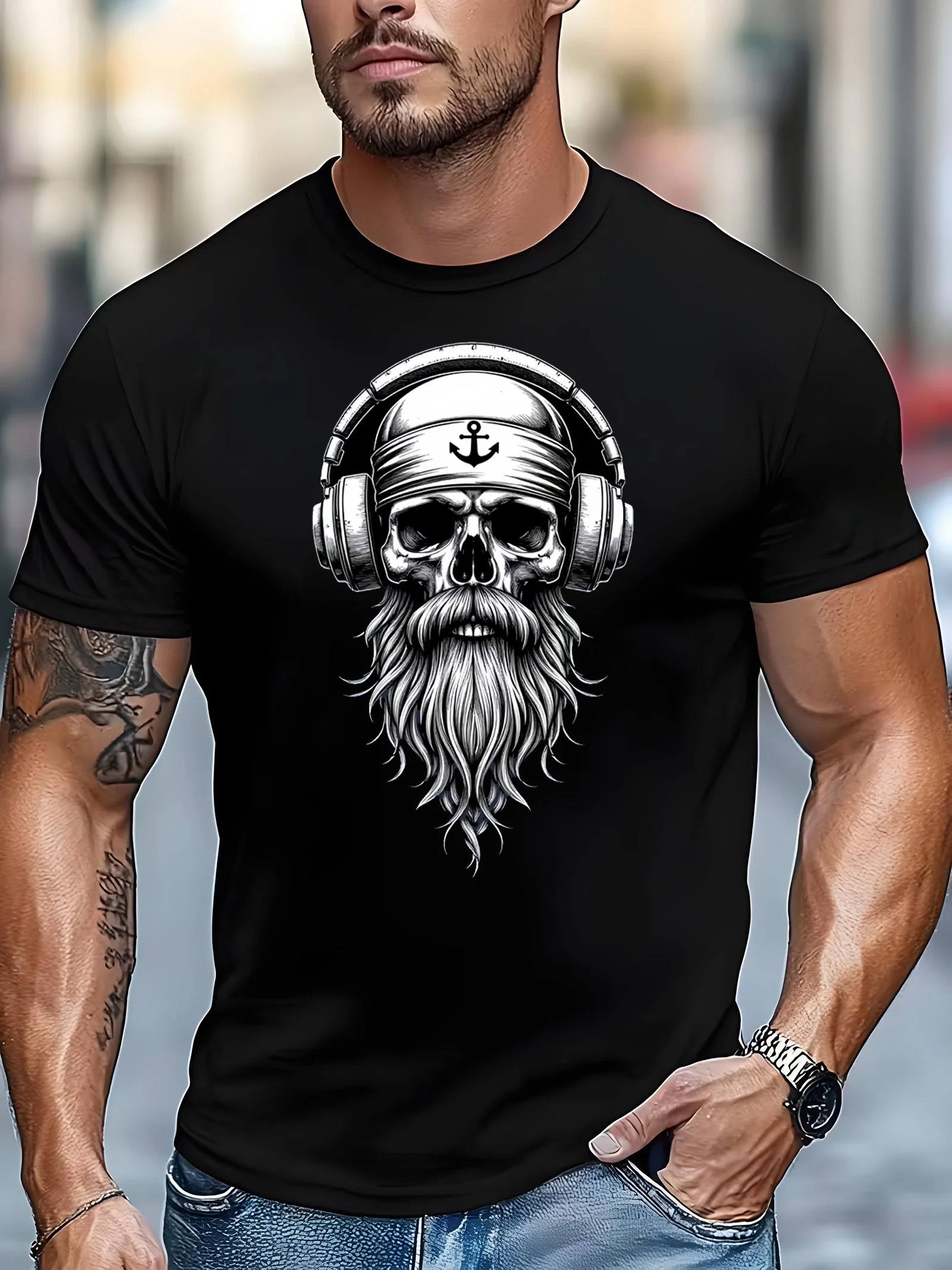 Men's casual outdoor sports T-shirt with skull and earphone design, regular fit for casual daily wear and formal occasion