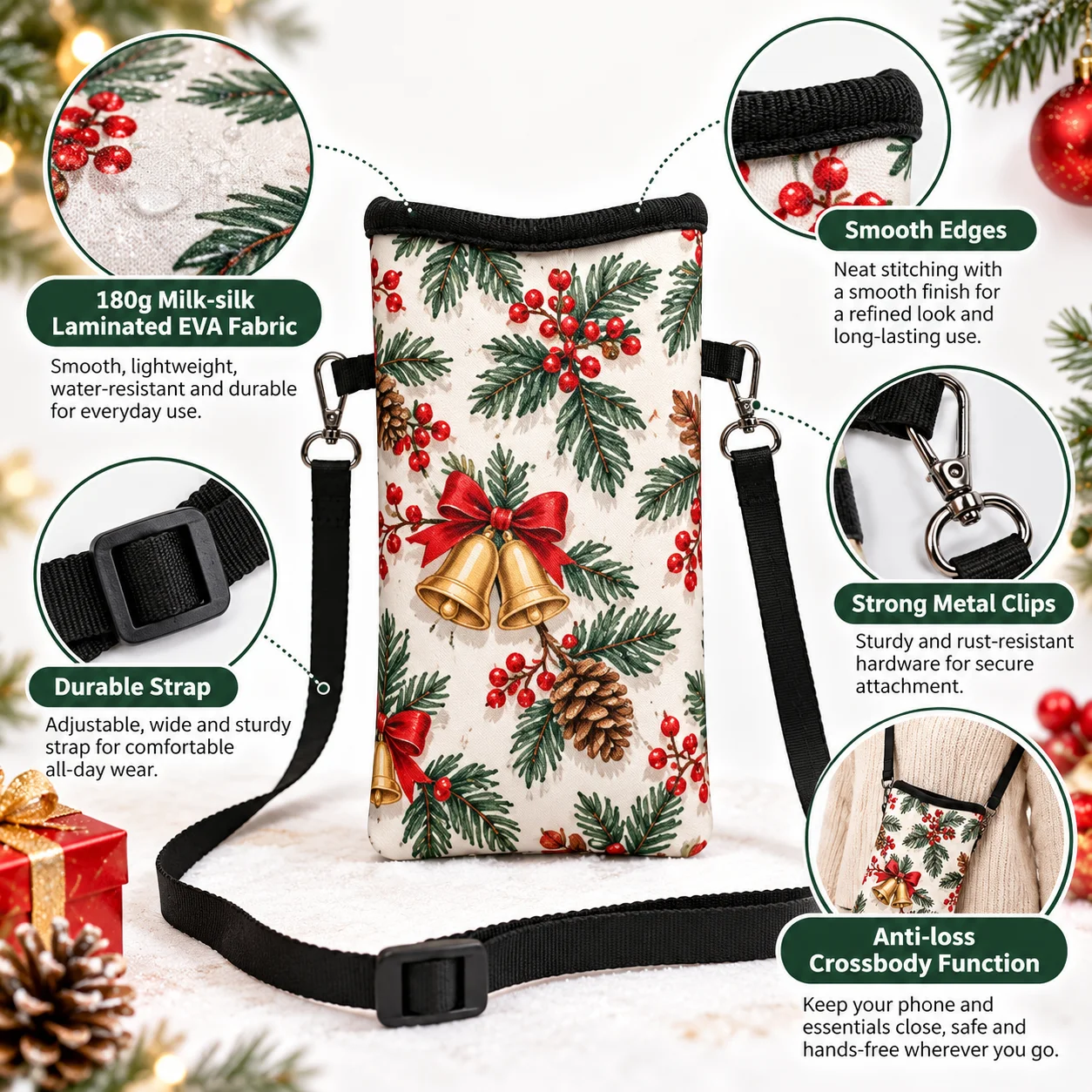 Custom Christmas Crossbody Bag Personalized Photo Print Cell Phone Pouch Neck Strap Small Travel Bag Holiday Gift for Women Kids