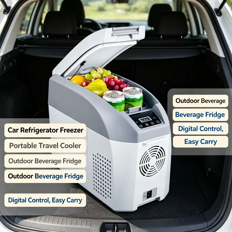 30W Portable Mini Car Compressor Fridge 20L, 12V 24V DC Plastic Camping Freezer, Vehicle Refrigerator with Cooling Function