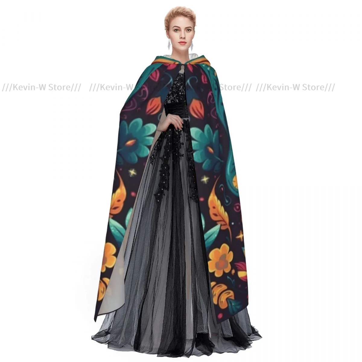 Day Of The Dead Mexican Sugar Skull Hooded Cloak Polyester Unisex Witch Cape Costume Accessory