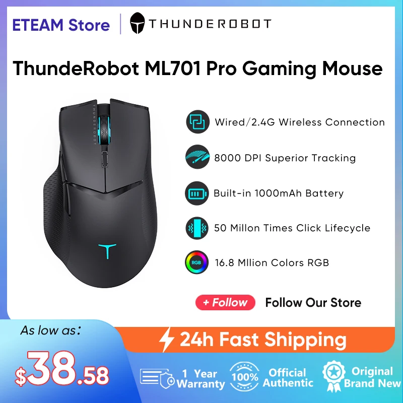 

ThundeRobot-ML701 Pro Wrieless Dual-Mode Gaming Mouse Rechargeable Wired Mouse for Laptop PC, ML701 Pro 2.4G, 8000 DPI RGB Gamer