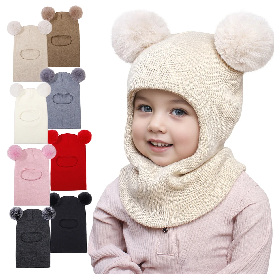 

Baby Warm Knitted Pullover Hat with Pompoms Boys Girls Thermal Ear Flaps Cute Cap Unisex Children Hood Winter Accessories