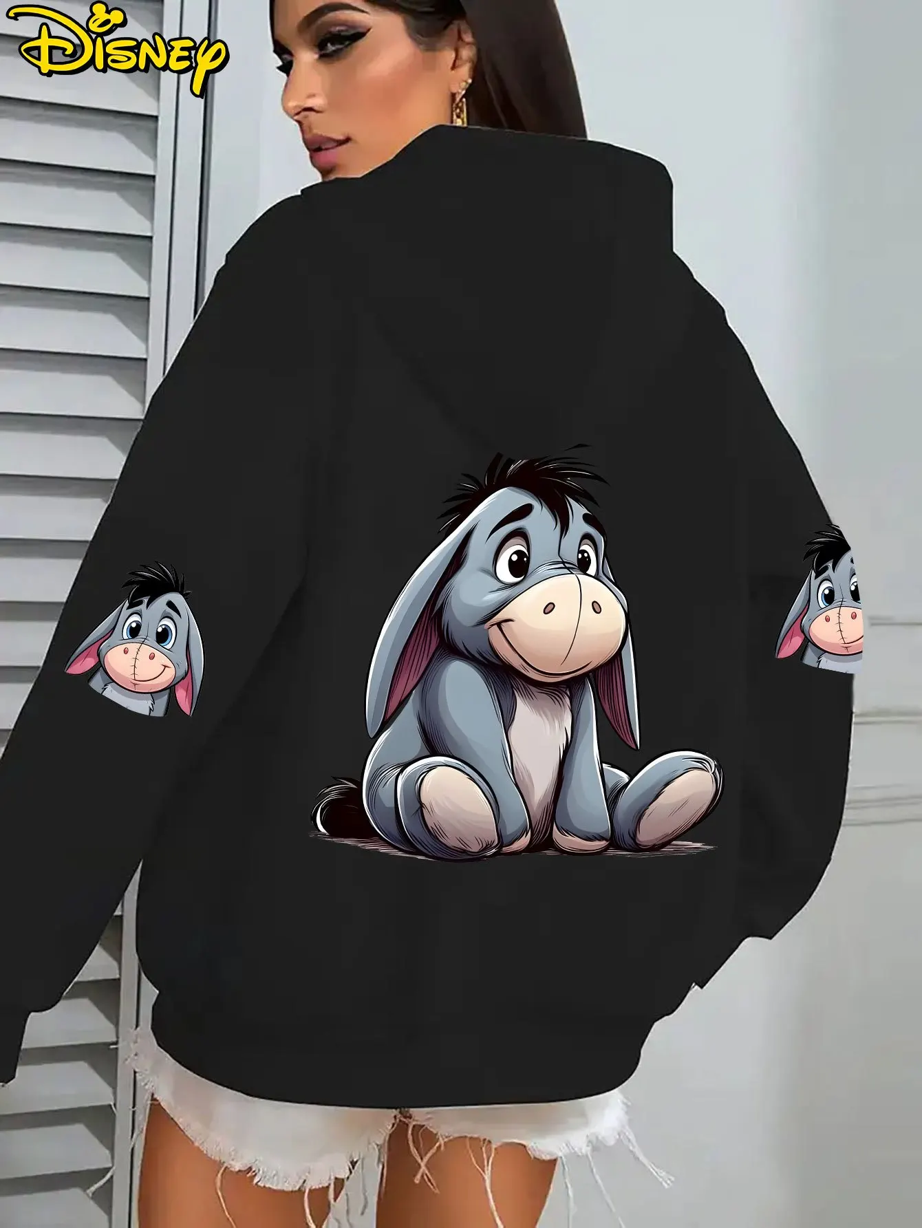 

Женская флисовая хлопковая толстовка с капюшоном Disney Winnie The Pooh, черная, сидящая поза и маленькие узоры на голову, карман-кенгуру, свободная посадка