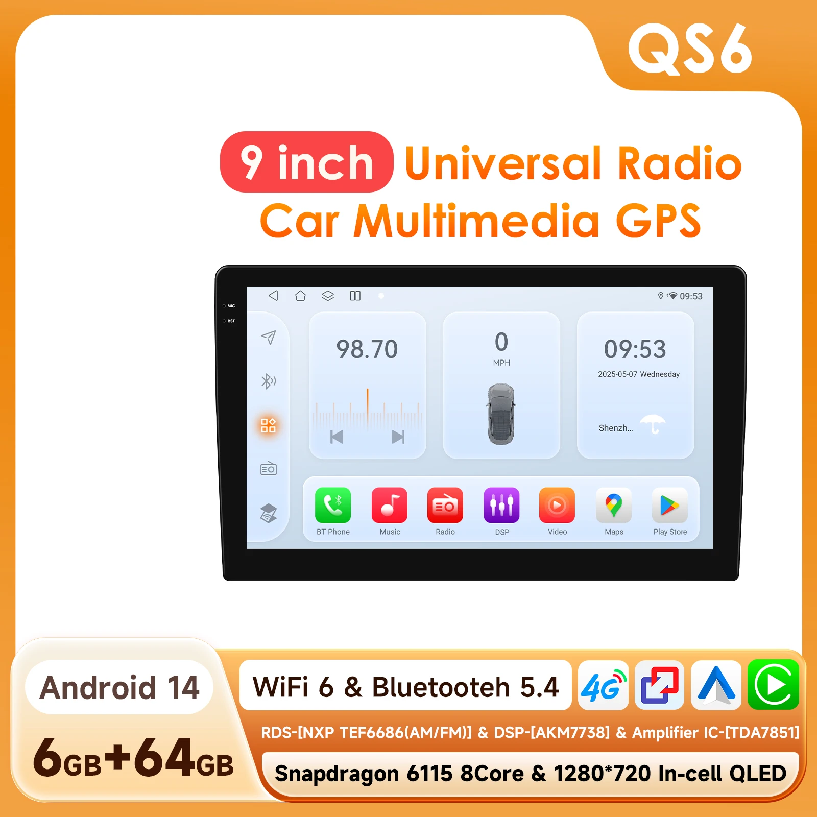 9 inch Autoradio door Snapdragon 6115 Android 14 Universele Auto Multimedia Speler Auto Draadloze Carplay 2din GPS Intelligente Audio