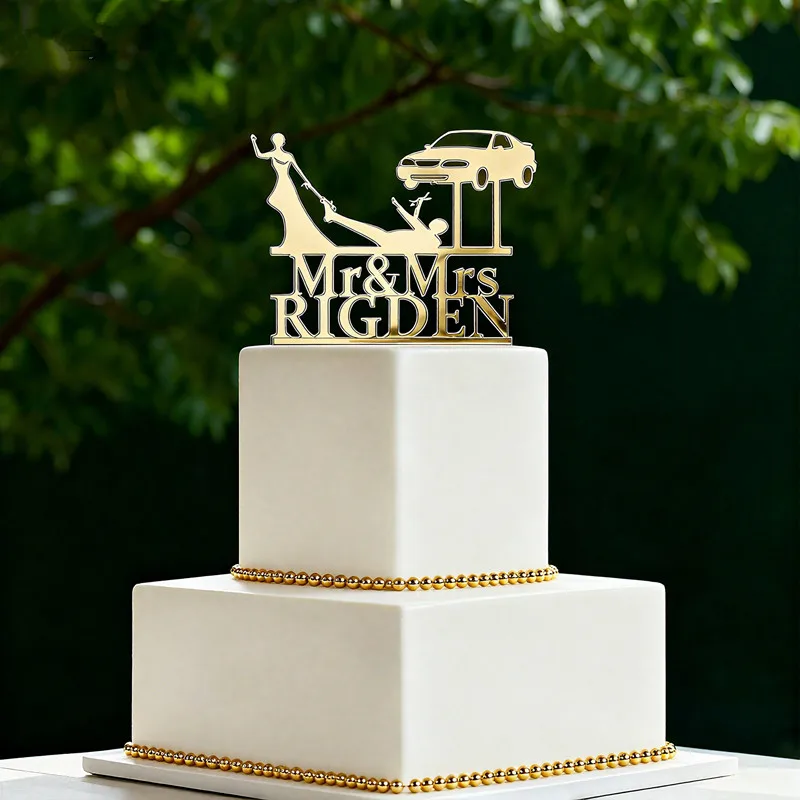 Pesonalized Wedding Bride Dragging Groom Cake Topper auto mechanic cake topper, Wrench Tools, funny wedding cake