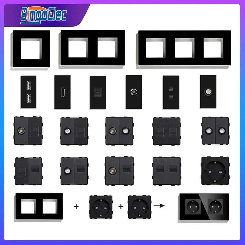 BINGOELEC Sensor Switch with Socket Glass Switch Socket light switch Wall socket Wifi Sockets USB Rj45 CAT6 Black Function Parts