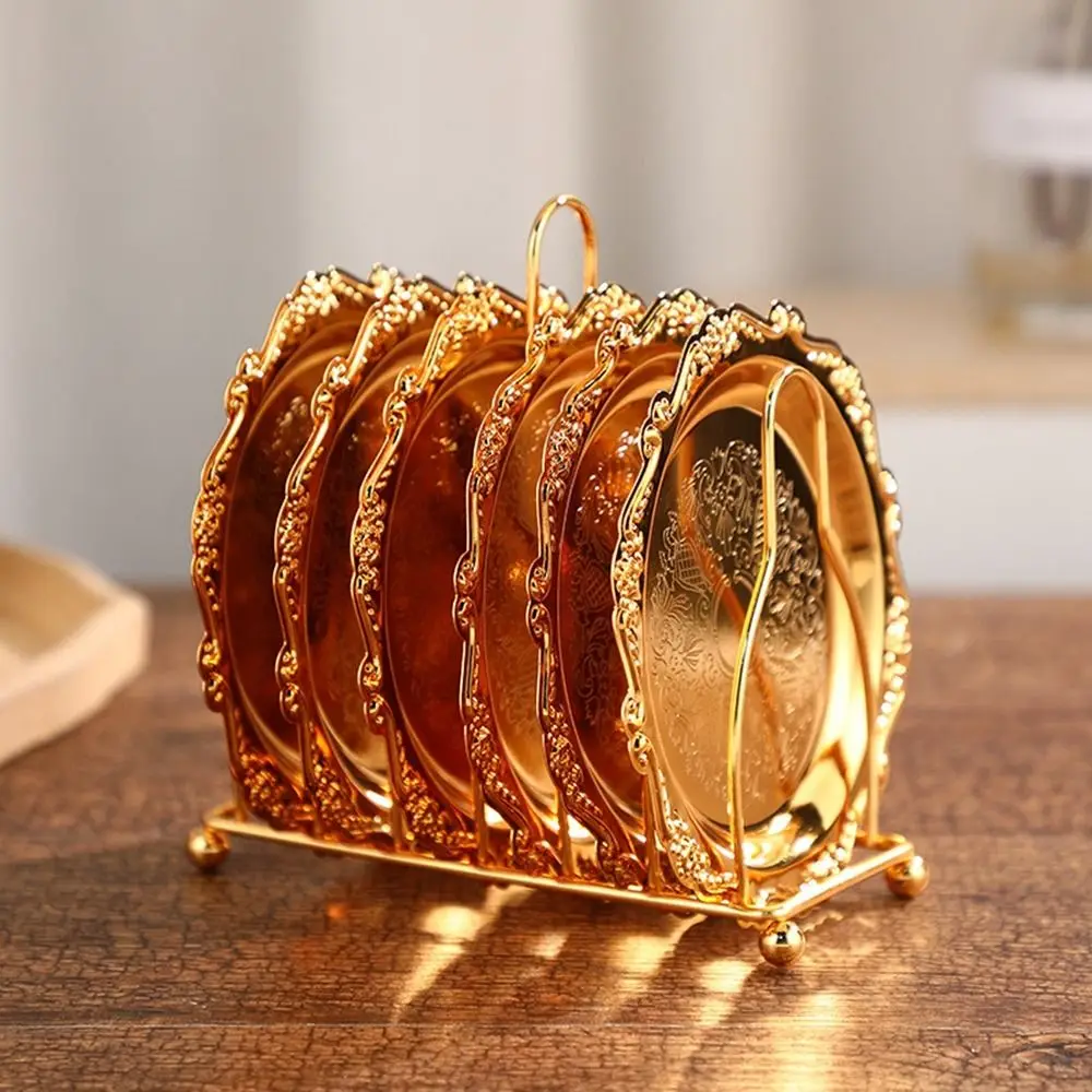 

7 Pcs/set Multi-purpose Plated European Decor Racks Carved High-end Patterned Cup Mat Zinc Alloy Metal Cake Tray Fruit Tray