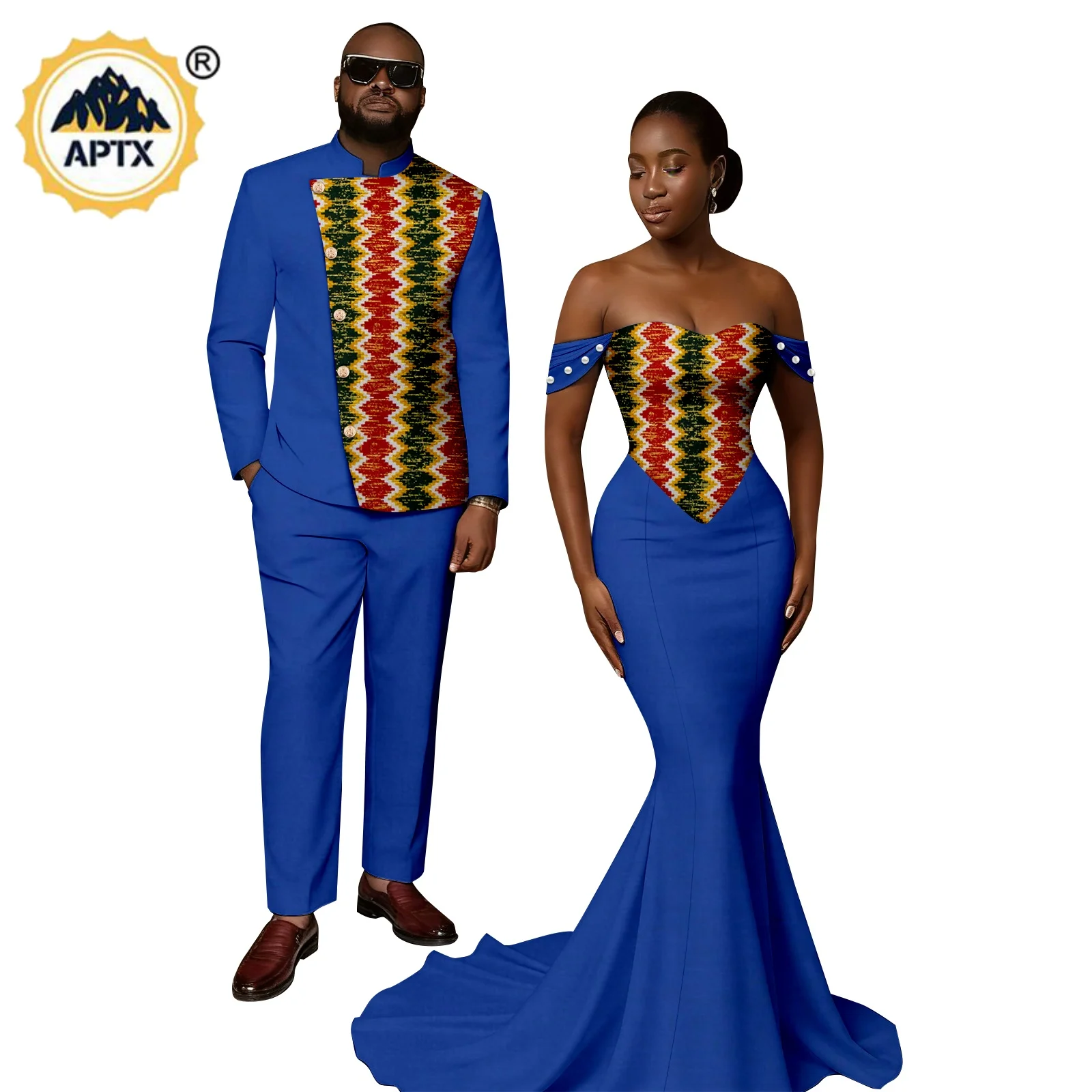 African Sexy Long Mermaid Dresses for Women Matching Couple Outfits Dashiki Men Suits Ankara Jacket Top and Pant Sets 26C010