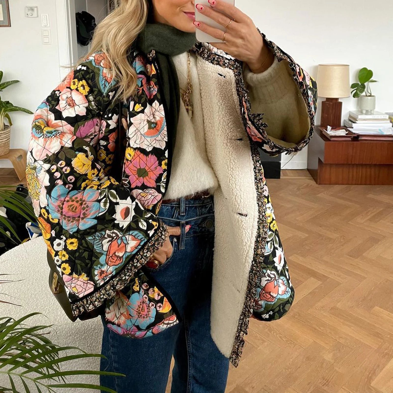 Women Autmn Floral Print Quilted Jacket Vintage Button Down Loose Fit Lightweight Coats Boho Flower Open Front Padded Outerwear