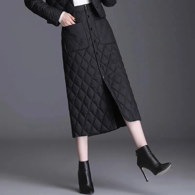 Windproof Kneepad Thick Warm Down Cotton Skirts Autumn Winter High Waist Long Skirt Windproof Fashion One-piece Mid-Length Skirt