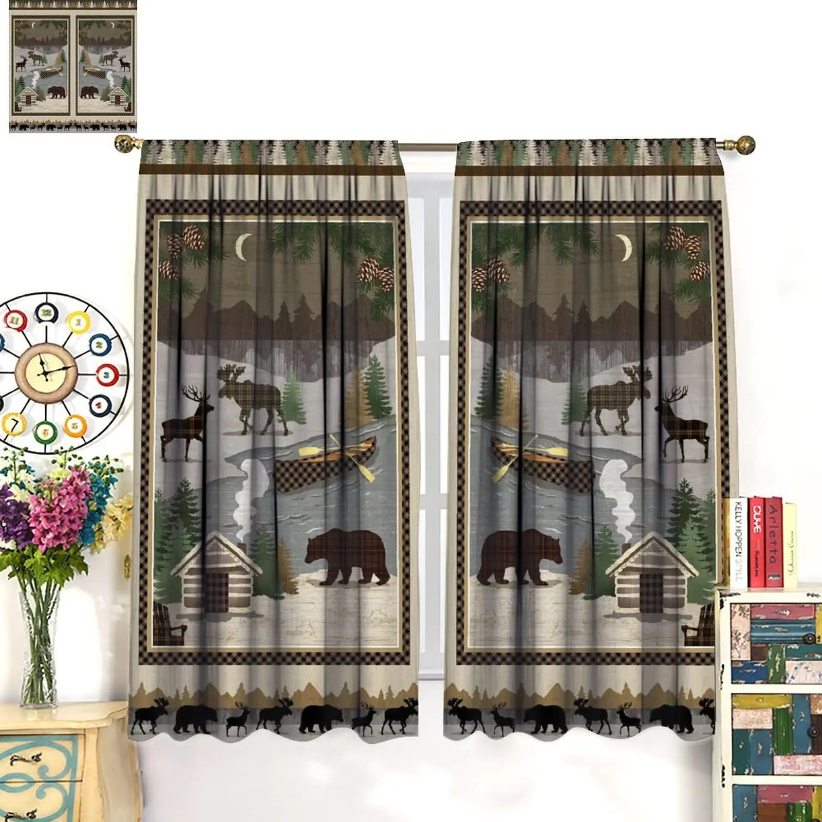 Rustic Cabin Curtain, Forest Bear Deer Wildlife Country Bath Curtains, Hunting Camping for Home Kitchen Livingroom