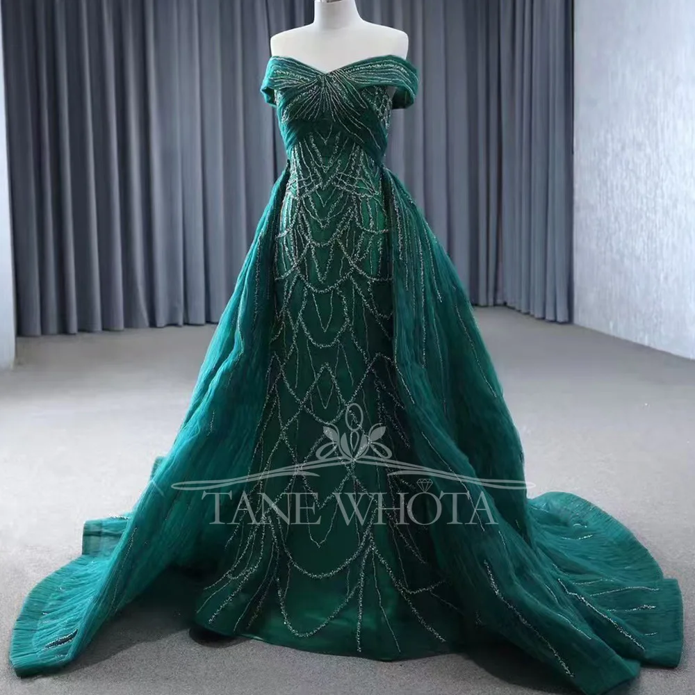

Green Off The Shoulder Beaded Evening Dress With Sweetheart Lace Up Back And Detachable Train Robe For Soirée