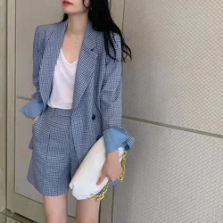 Korean Fashion Two Pieces Blazer and Shorts Set for Women Long Sleeve Blue Plaid Jacket Office Lady Casual 2 Pieces Spring