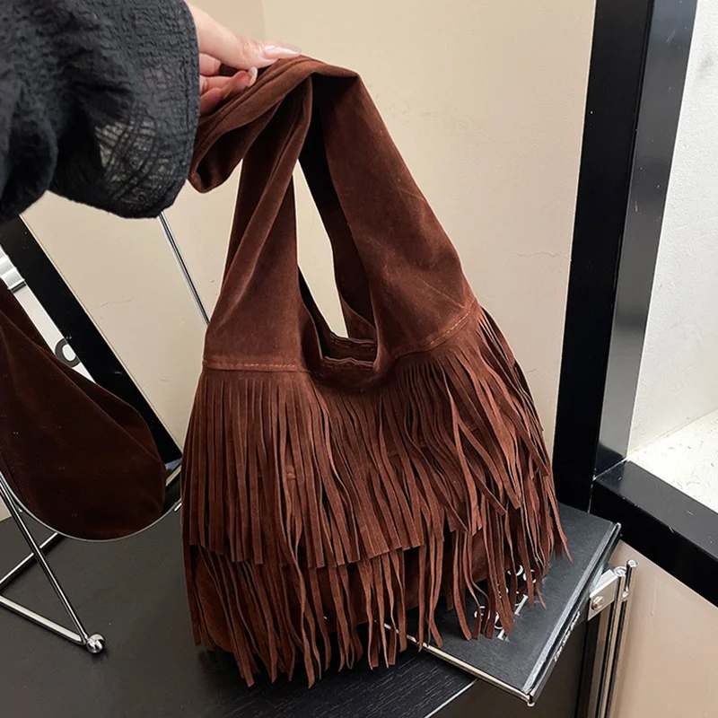 Lässige Vintage-Tasche mit großer Kapazität für Damen, neue modische Pendler-Achseltasche, vielseitige Hobo-Tasche mit Quastendesign – Detail 24