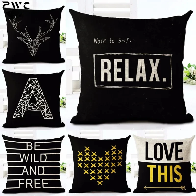 

Black and White Letters and Line Printing Cushion Covers For Sofa Cotton Linen Decorative Pillow Case 45*45cm Cojines