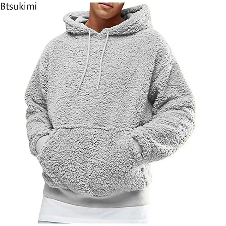 Moletom fofo e grosso masculino, moletom de lã, tops casuais com capuz, casaco monocromático masculino, pulôver, outono, inverno, 2024