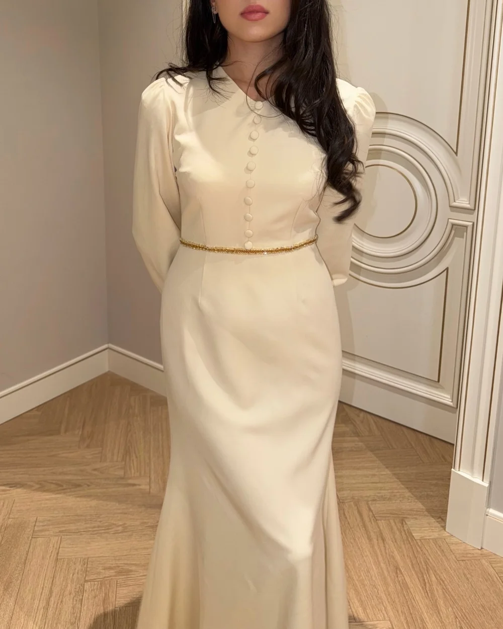 Customized Fashion Jersey Pleat Sequined Button Trumpet V-neck Long Bespoke Occasion Party Dresses Simple